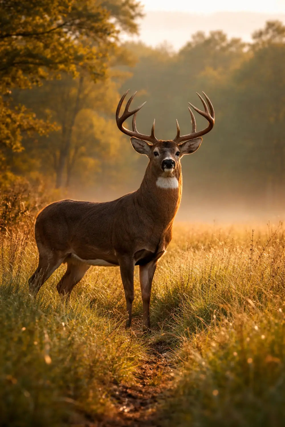 Majestic whitetail buck in a golden meadow at dawn, symbolizing wildlife conservation and ethical harvest