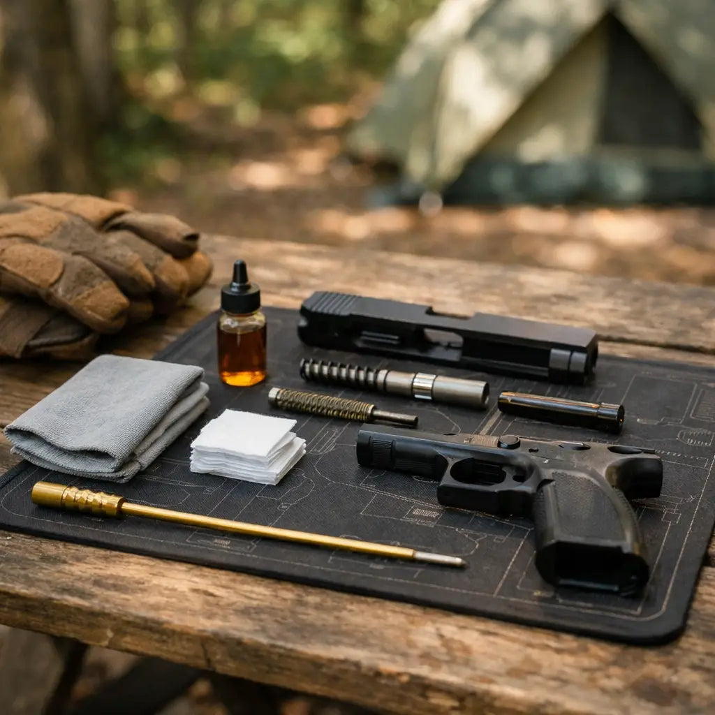 Firearm maintenance setup on a TekMat cleaning mat with gun oil and tools at a rustic outdoor campsite.