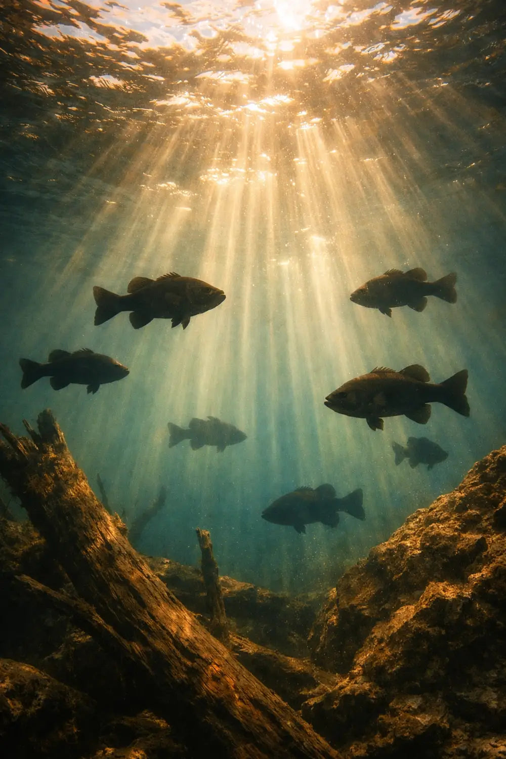 Suspended bass holding in open water with underwater structure and sunlight rays