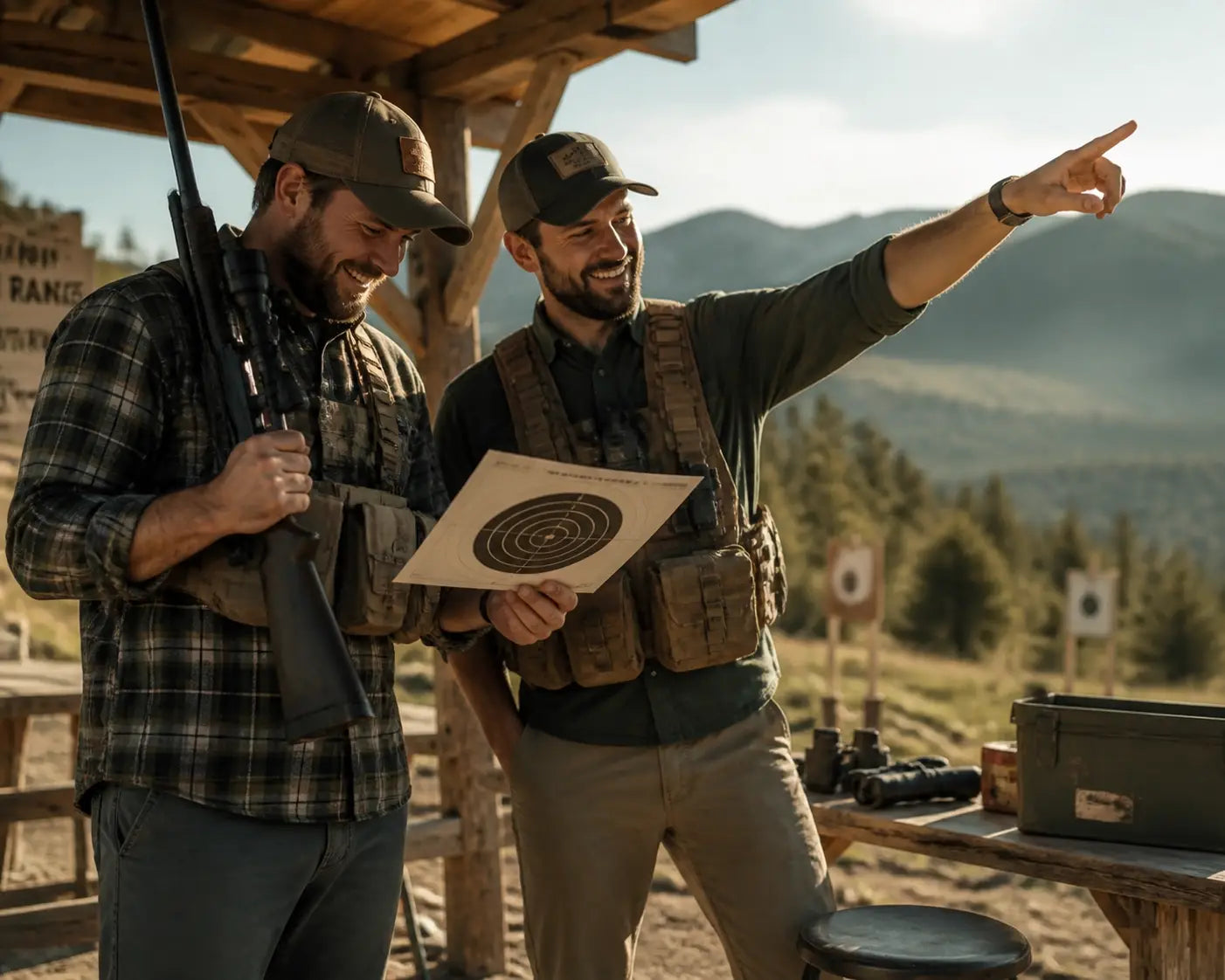 Fellowship between Christian outdoorsmen at a shooting range, representing community and freedom.