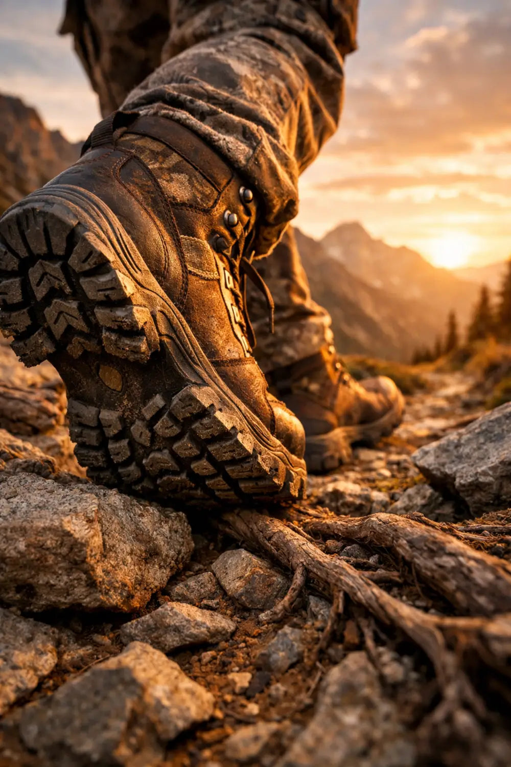 Hunting boots traversing rugged mountain trail showing stability and forward movement