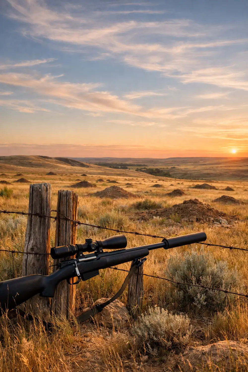 Suppressed hunting rifle resting against fence post in prairie landscape at golden hour