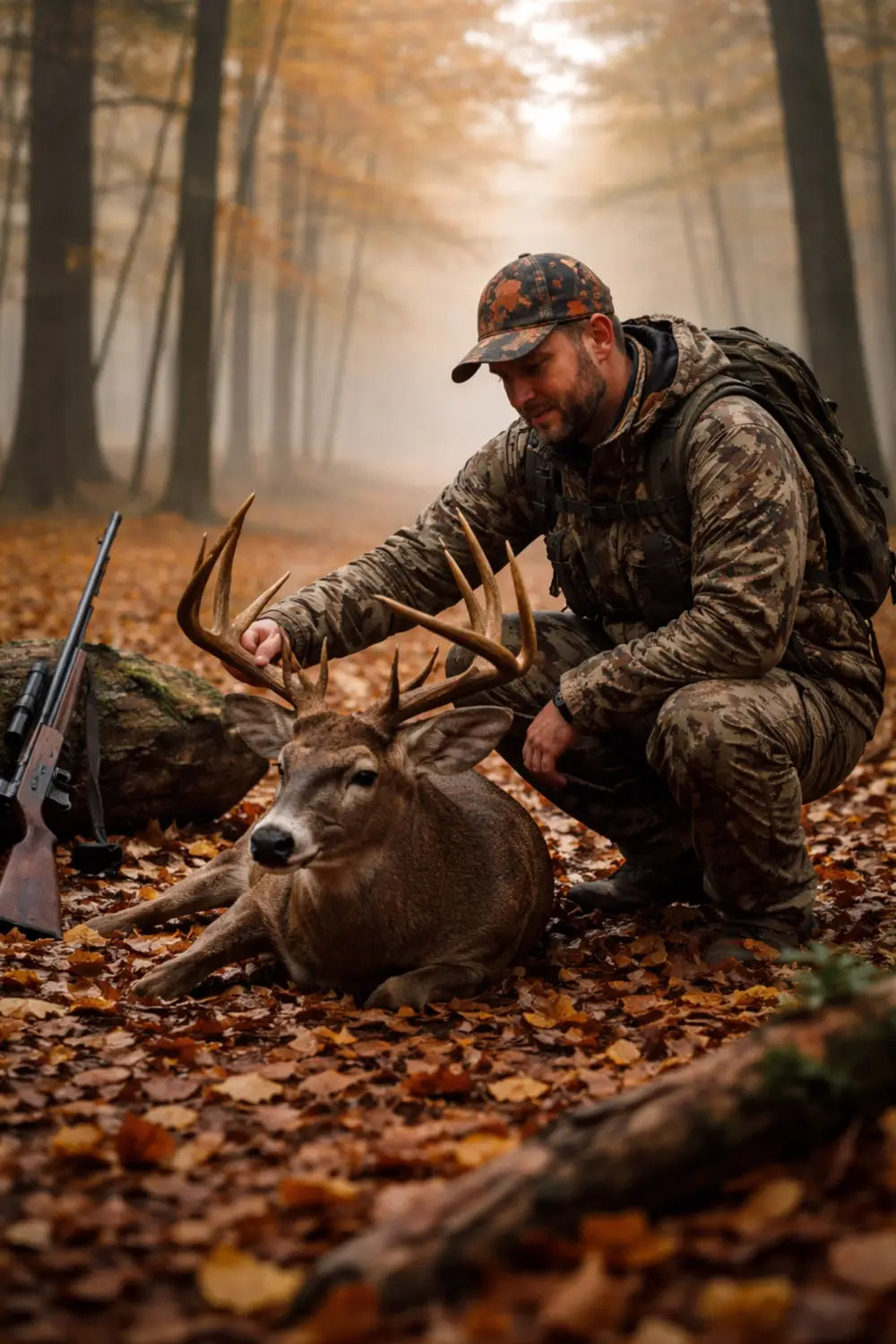 Hunter kneeling beside a mature whitetail buck in an autumn forest at dawn, highlighting hunting success and spiritual connection with nature.