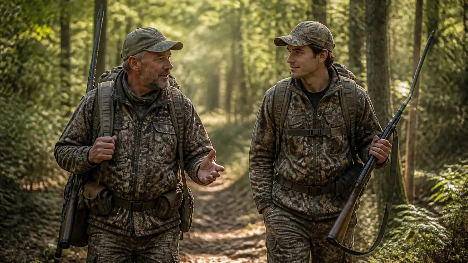 Two hunters walking together on a forest path