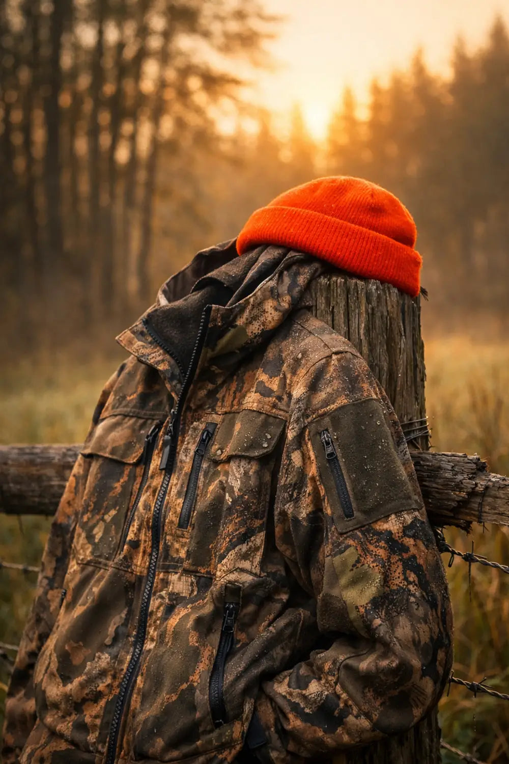 Layered hunting clothing with blaze orange beanie on fence post at sunrise for safety and warmth