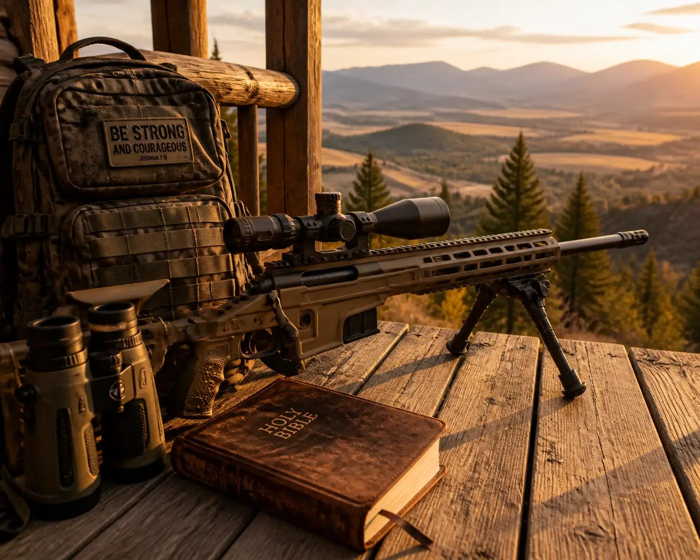 Tactical outdoor gear and a book on a porch, symbolizing faith, freedom, and adventure.