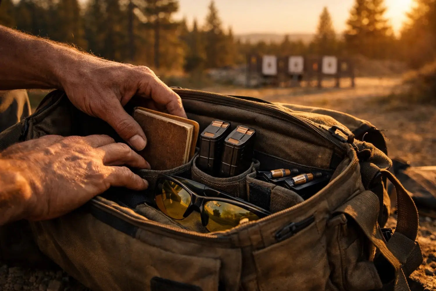 Hands organizing shooting gear in messenger bag at outdoor range during golden hour