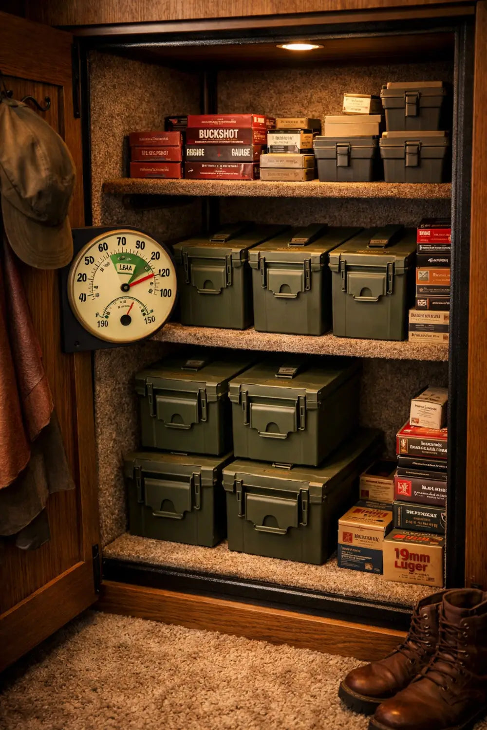 Climate-controlled indoor ammo storage with organized containers on shelving with thermometer
