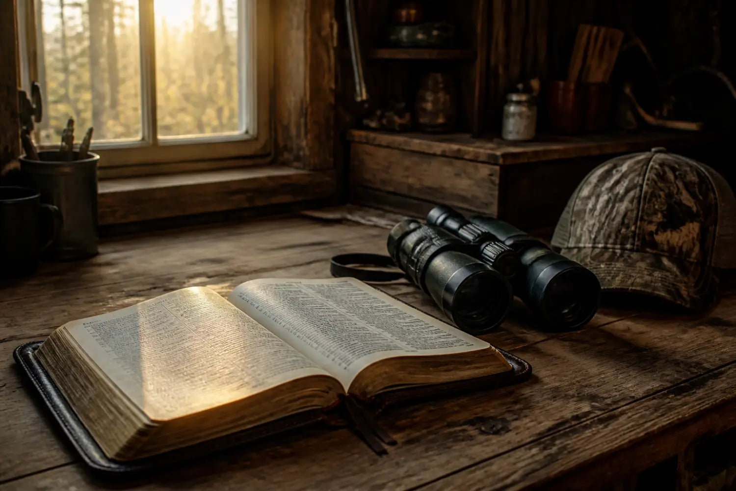 Open Bible and hunting binoculars on a cabin workbench for a Christian sportsman's morning preparation.