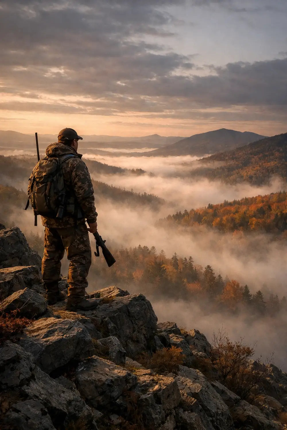 A hunter overlooking a misty valley at dawn, representing faith-fueled outdoor adventure.