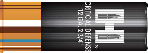 A black and brown Hornady 12 Gauge 2 3/4 shell labeled CRITICAL DEFENSE, featuring white text and bullet graphics, delivers powerful 00 Buckshot performance. Each box contains 10 rounds from Hornady.