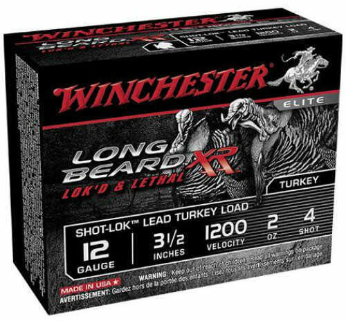 Winchester 12 Gauge Long Beard XR Turkey Ammo, 3.5, 1200 fps, 2 oz, #5 shot, 10 rounds per box. Features Shot-Lok Technology for turkey hunters; red and silver packaging with a turkey image.