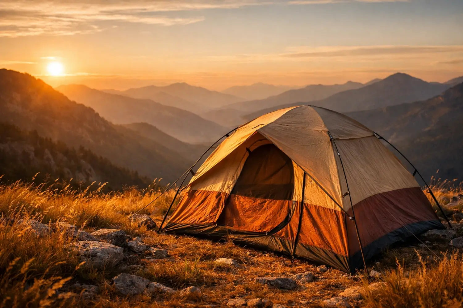 High-quality camping tent pitched on a mountain ridge at sunset for a peaceful outdoor retreat.