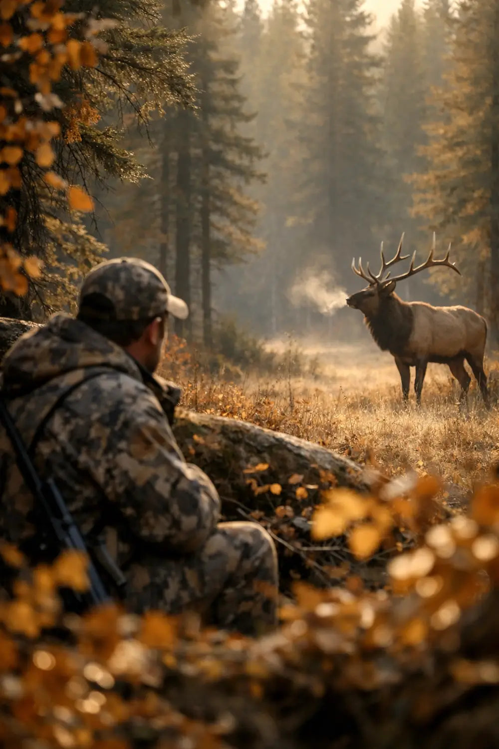 Hunter observing elk in autumn forest showing respect for God's creatures and wildlife
