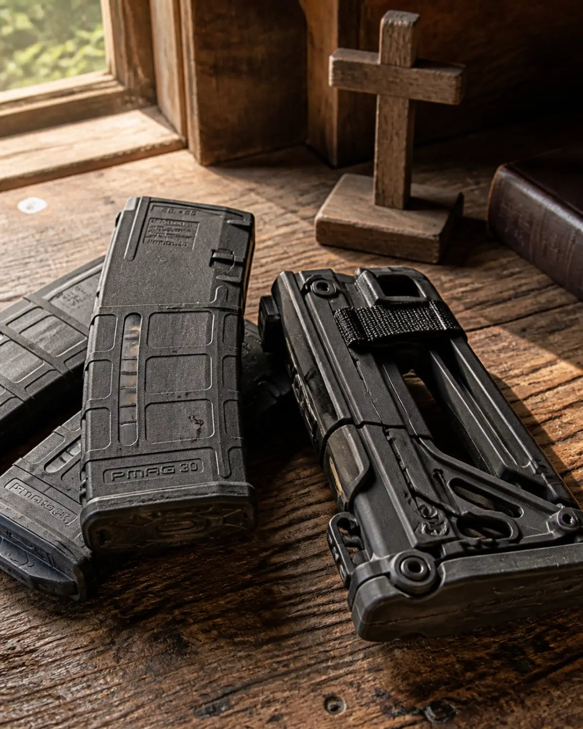 Magpul PMAGs and a folding defensive platform resting on a rustic workbench, symbolizing readiness and innovation.