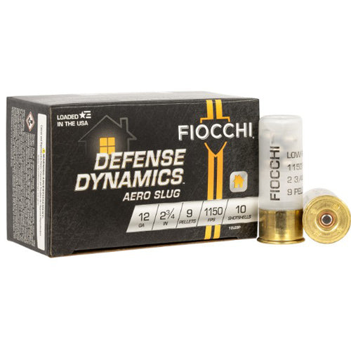 A box of Fiocchi Ammo 12LE9P Low Recoil 12 Gauge 2.75in 1 Buck Shot shells is shown with two cartridges beside it—one standing upright and one lying flat to display the brass base.