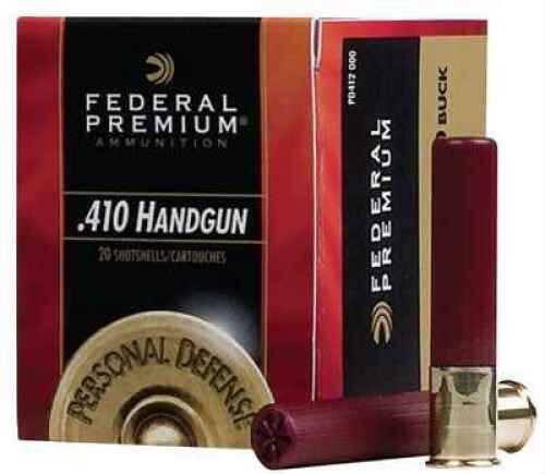 A box of Federal 410 Gauge Buckshot 3 Inch, 20 Rounds, is shown with two shells and a single bullet displayed in front. Brand: Federal.