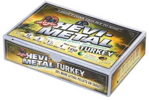 A box of Hevi-Shot - Environ Metal 20 Gauge, 3 1 oz Turkey #4,5 shotgun shells with branding, gauge, shot size, and round details on the green and yellow lid and sides.
