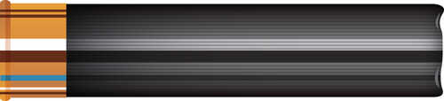 A horizontal, cylindrical black object with colored bands on one end and a curved indentation on the other, closely resembles a close-up of Hornadys 410 Gauge Lead Slug Ammunition Grade, 20 rounds.