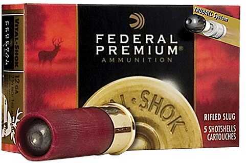A box of Federal 12 Gauge 5 Rounds Ammunition, 3 1 oz Slug, is shown with a close-up of a slug in front. The packaging displays the Federal brand and holds five cartridges.