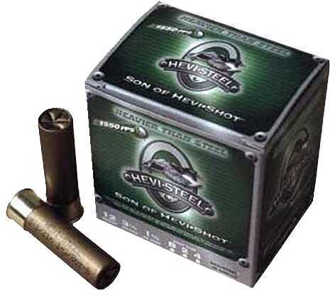 A box of Hevi-Shot - Environ Metal 12 Gauge 25 Rounds Ammunition, 3 1 1/4 oz Steel #4, with two shells beside the green, silver, and black packaging.