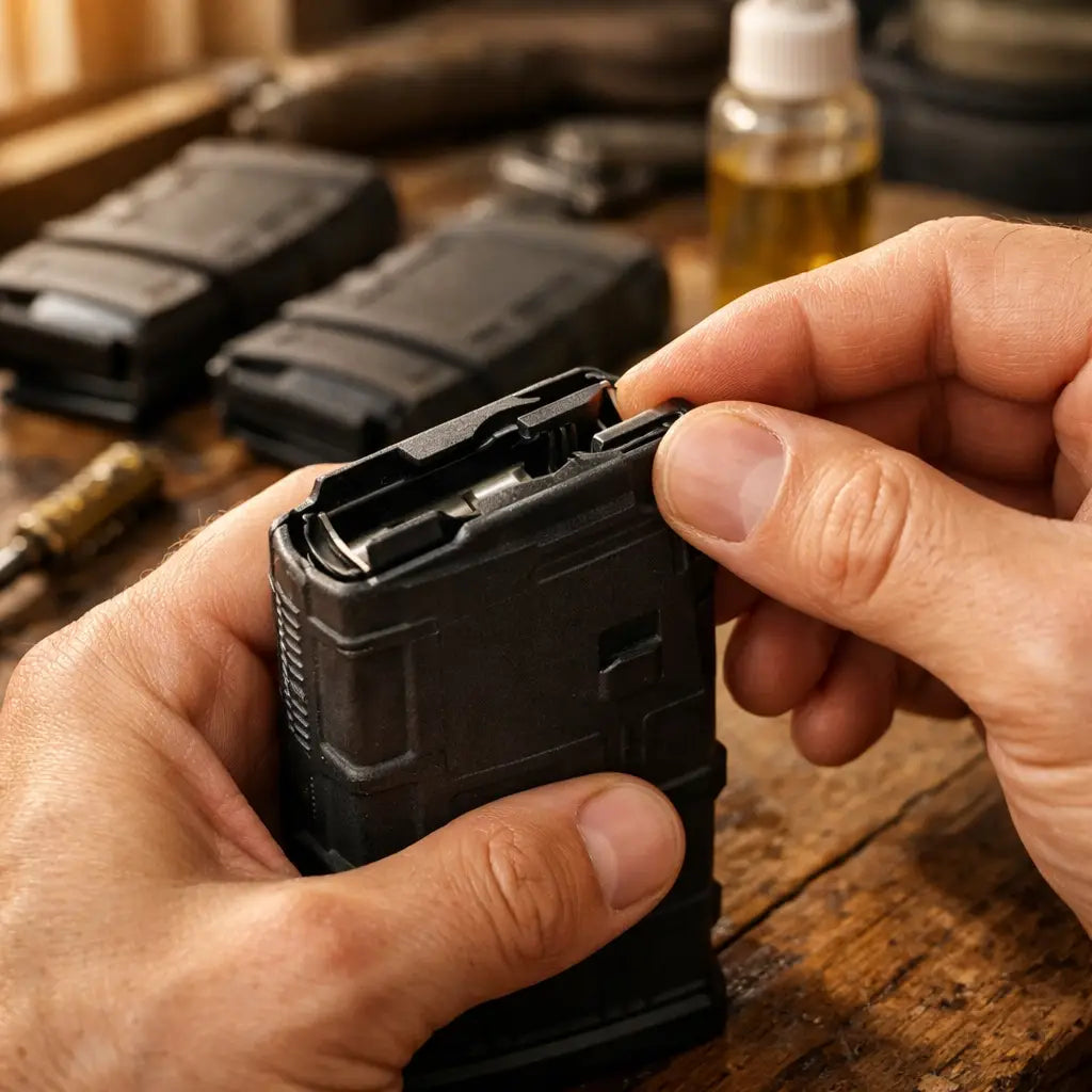 Hands inspecting AR-15 magazine feed lips for damage on wooden workbench