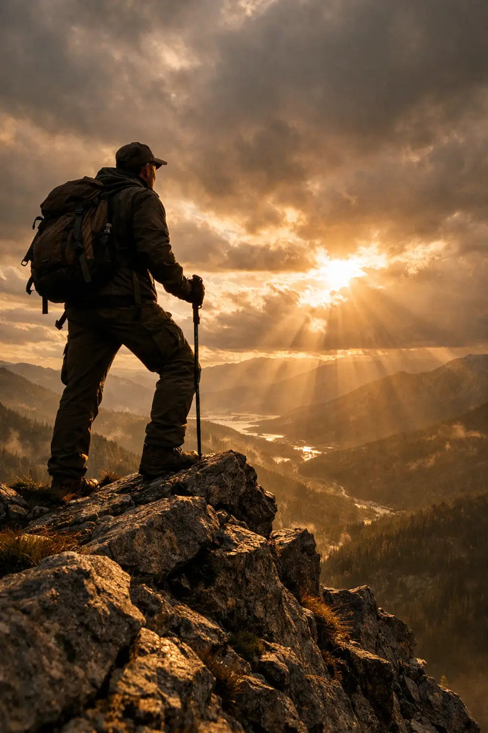 Silhouette of a man on a mountain summit at sunset, illustrating spiritual growth through wilderness challenge.
