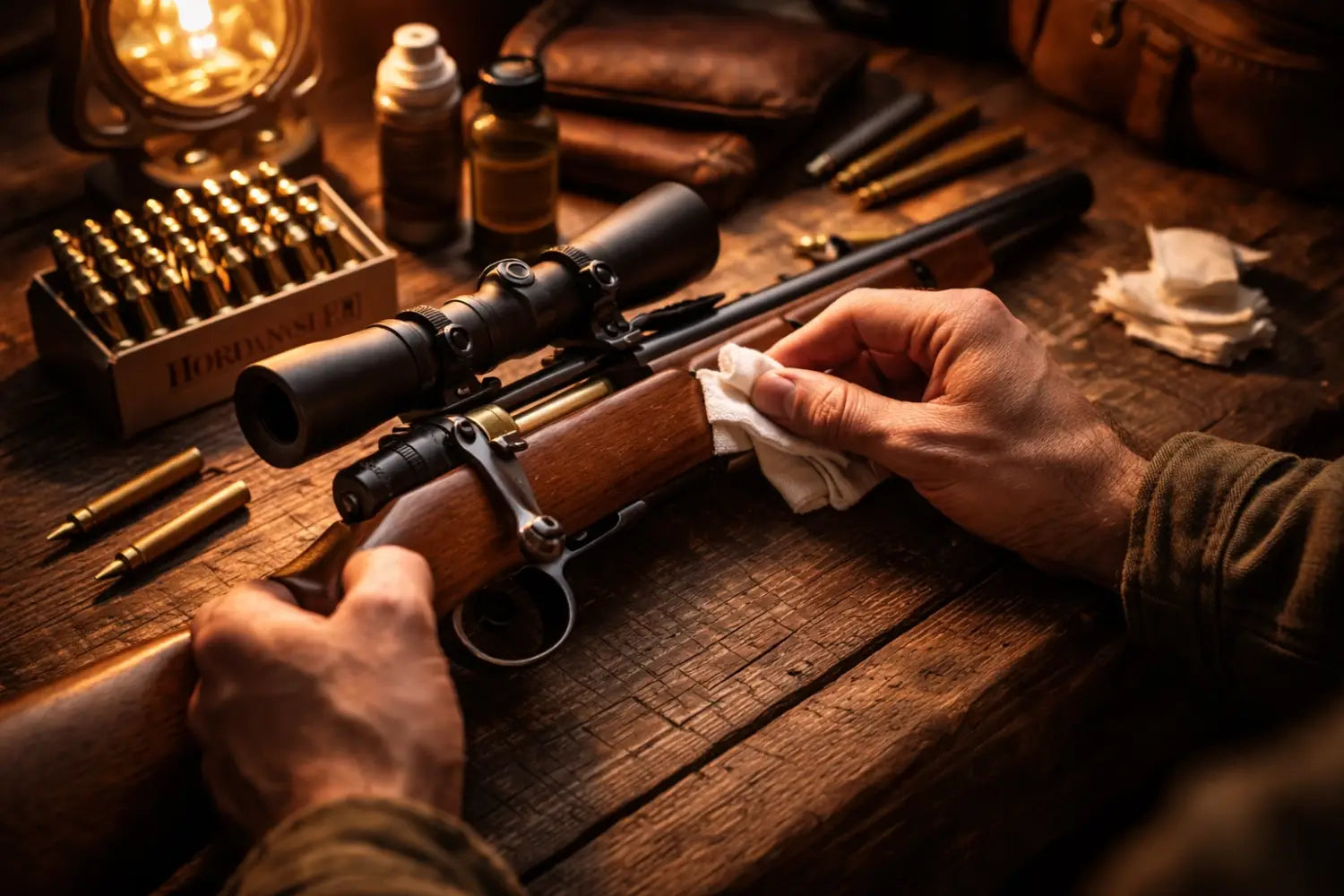Hunter cleaning a rifle by lamplight, emphasizing ethical hunting practices and responsible stewardship.