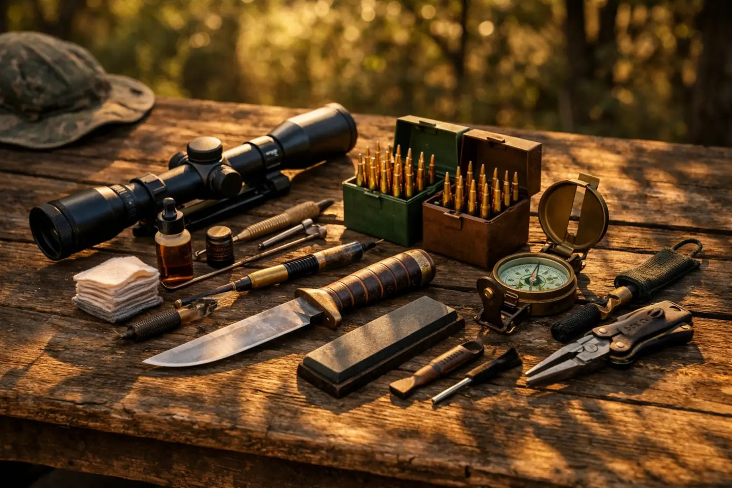 Hunting gear and gun parts laid out for pre-season inspection and maintenance