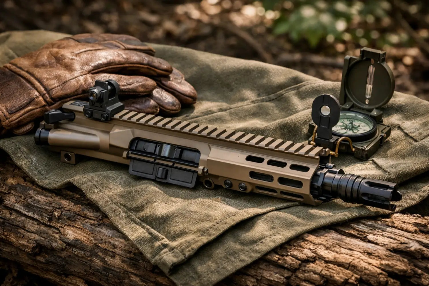 Tactical rifle upper receiver and outdoor survival gear resting on a log in a sunny forest.