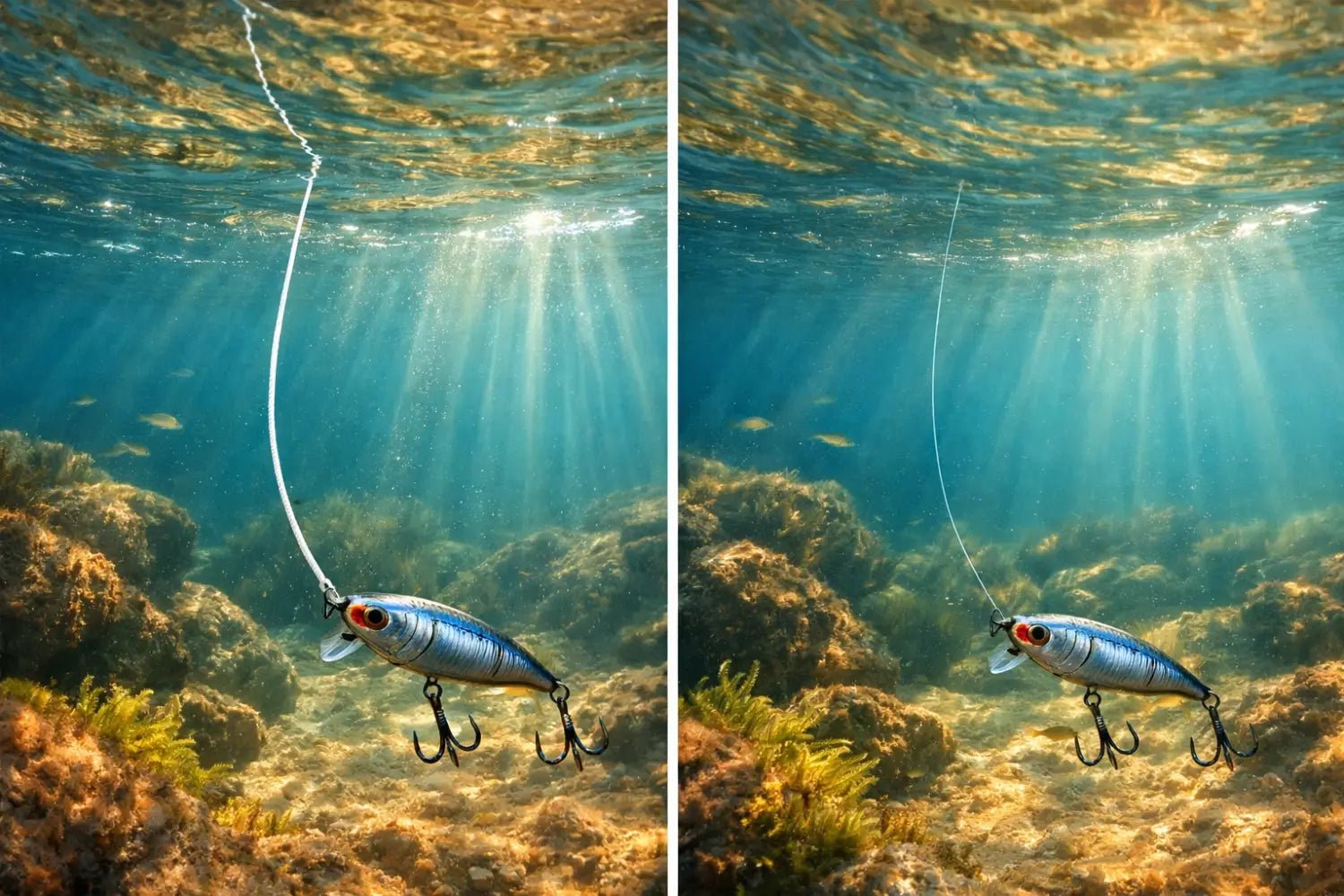 Fishing line visibility comparison underwater showing proper line weight selection