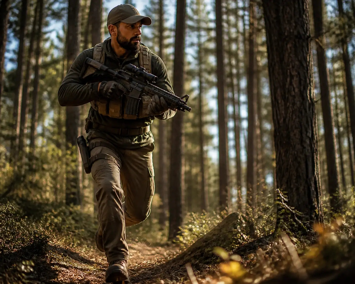 A focused shooter moving through a pine forest with a rifle during a tactical training scenario.