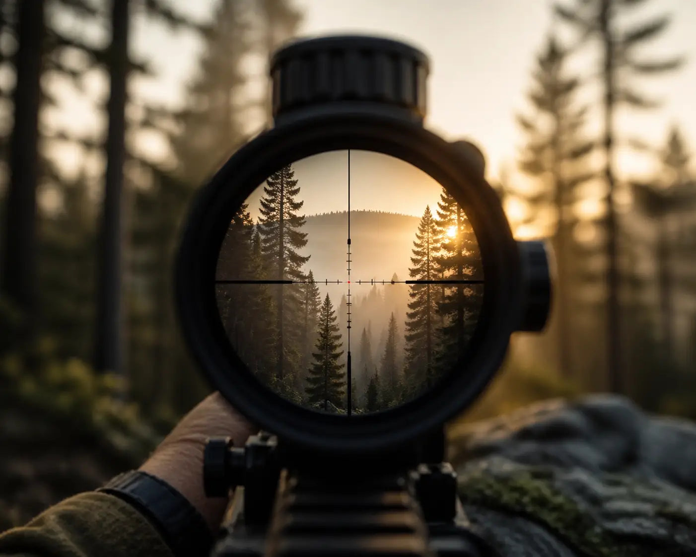 Looking through a precision rifle optic at a misty morning forest for an ethical hunting shot.
