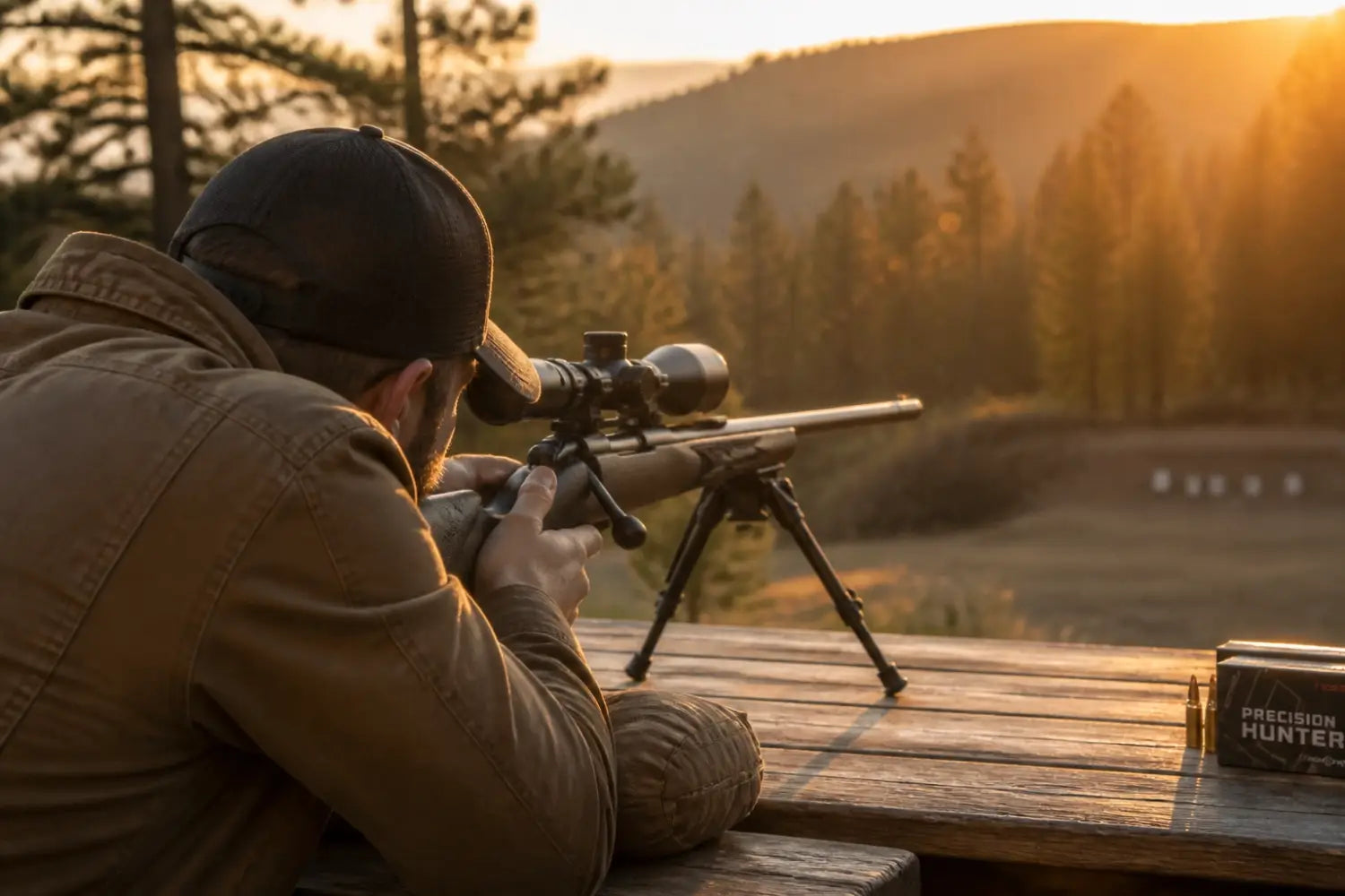 Christian shooter with a rifle and Magpul bipod finding peace at an outdoor range during sunset.