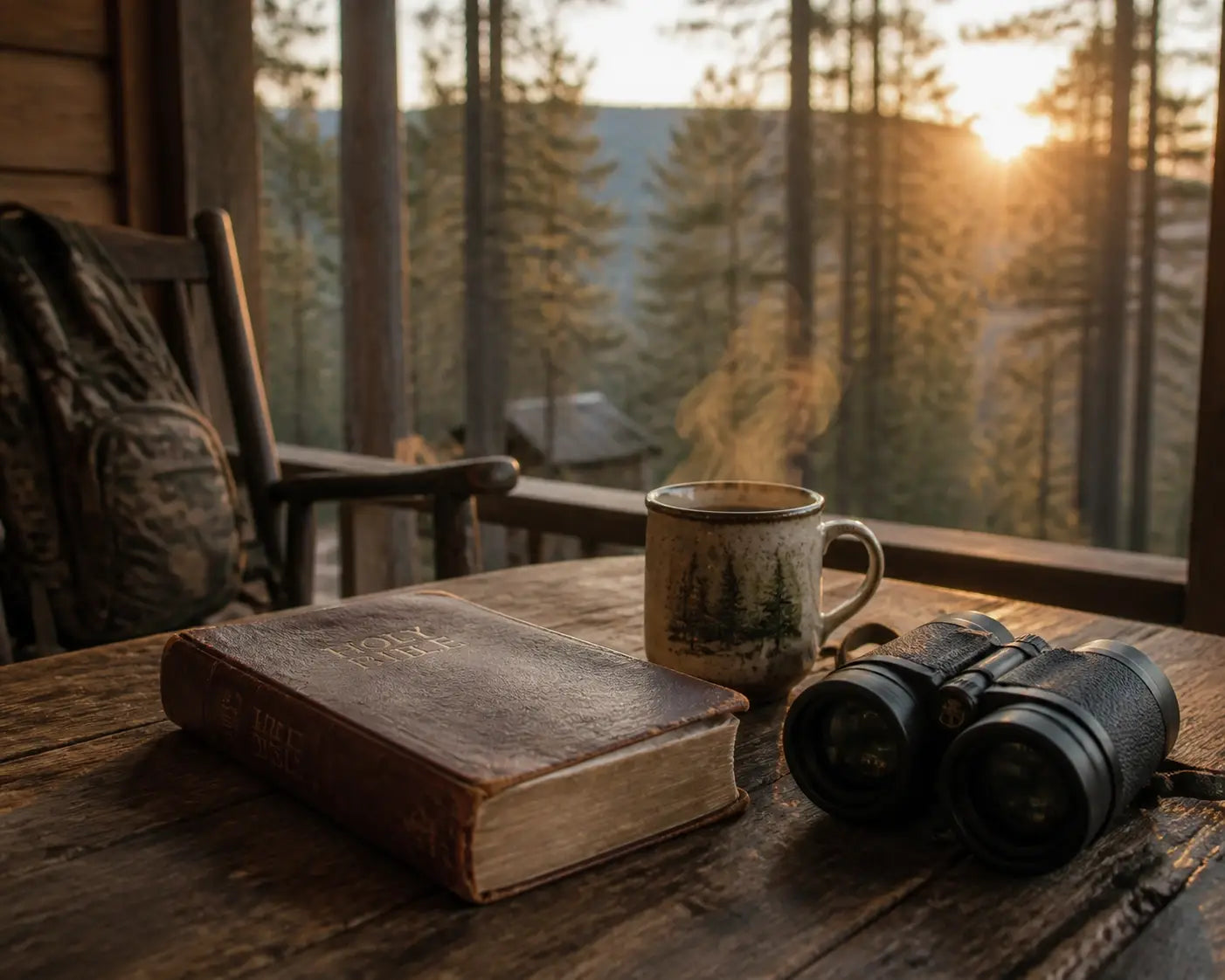 A Bible and binoculars on a wooden porch at sunrise, highlighting the union of faith and the outdoorsman life.