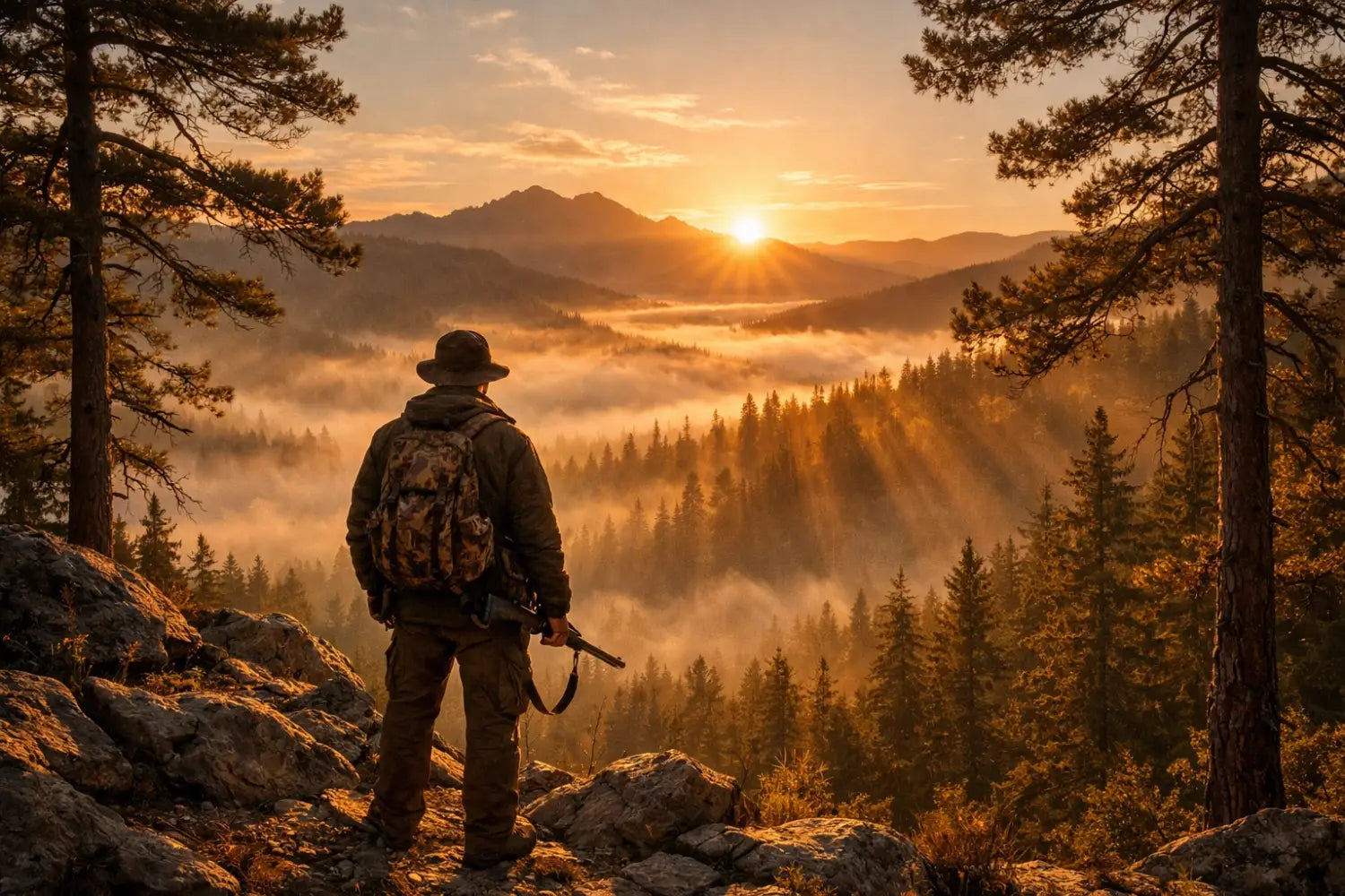 A hunter standing on a mountain ridge at sunrise, reflecting on God's creation during a spiritual hunting journey.