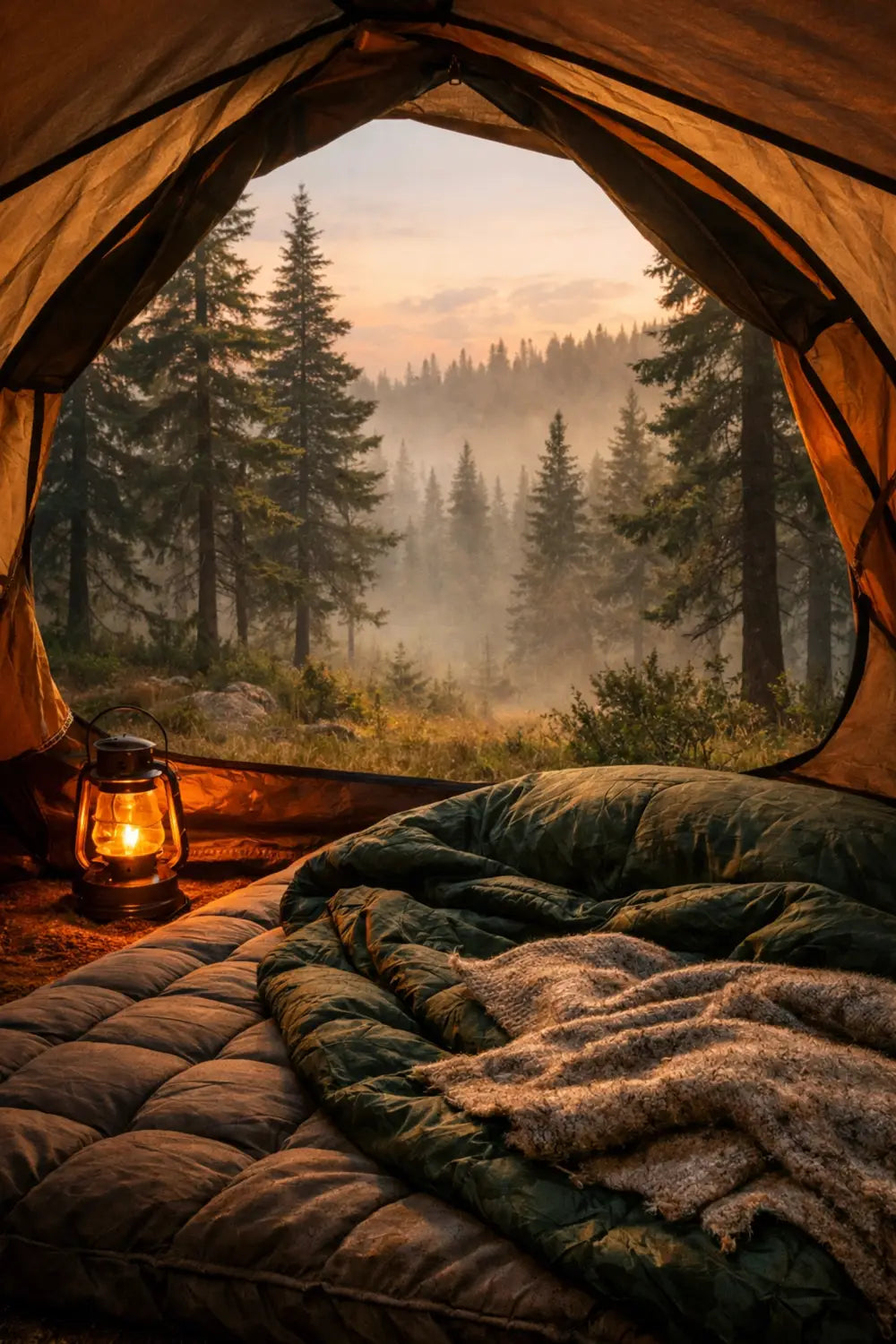 Restorative camping sleep setup in a cozy tent overlooking a misty pine forest at dawn.