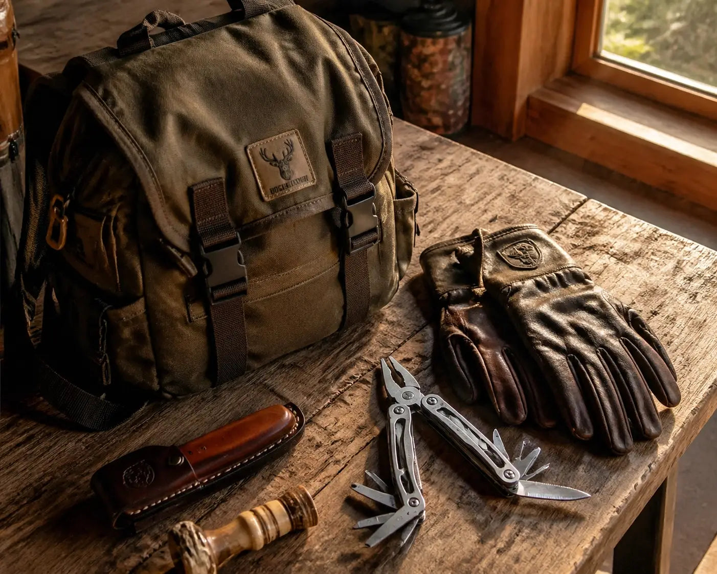 Essential hunting equipment layout on a rustic table representing preparedness and stewardship.