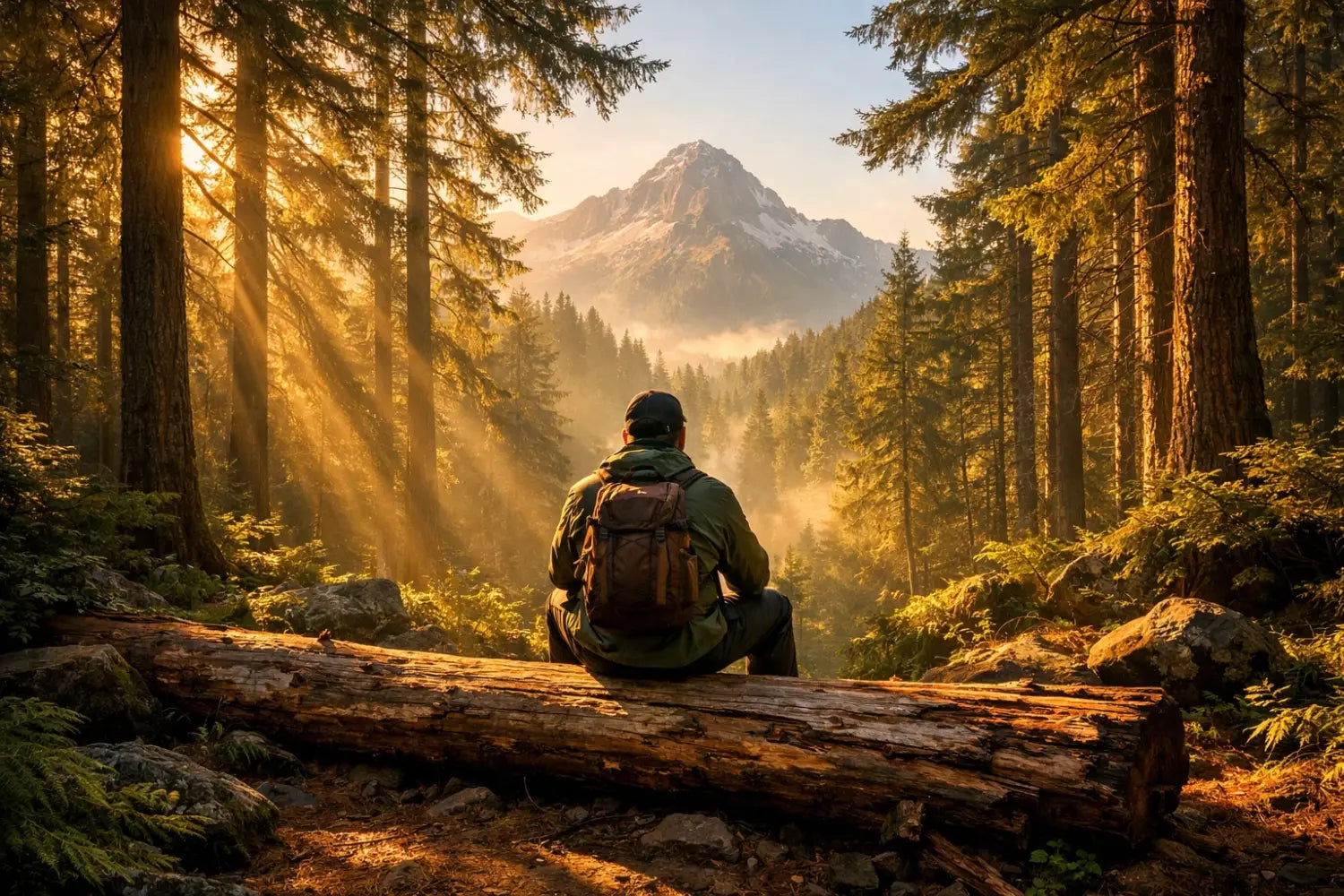 Hiker sitting in a sun-drenched forest reflecting on faith and wilderness survival.