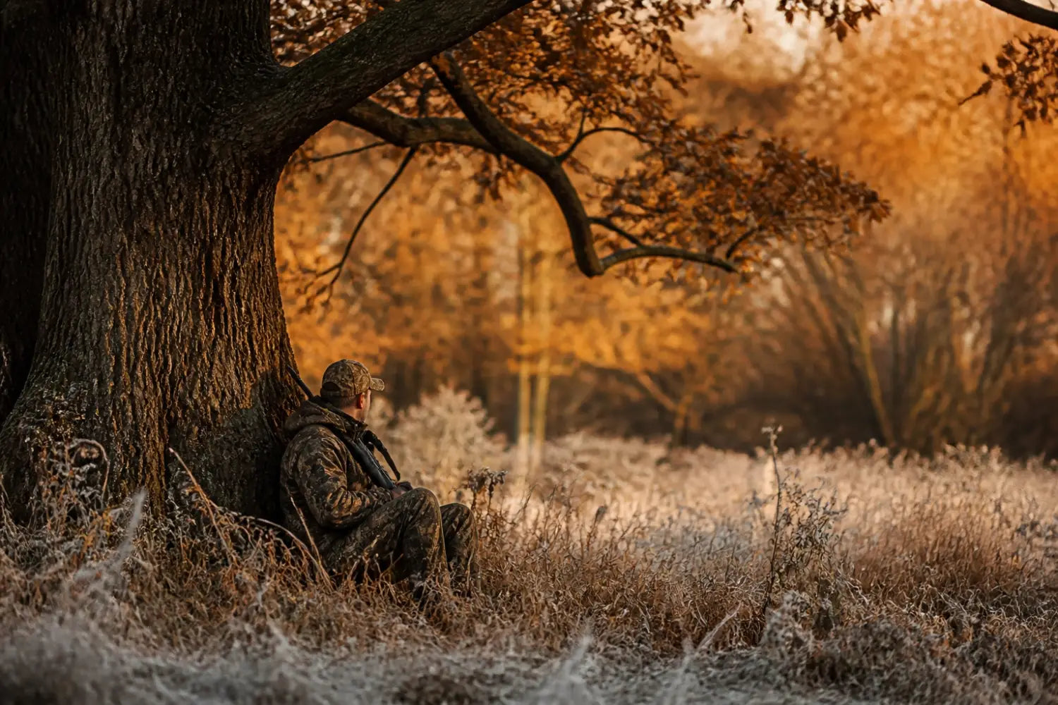 Hunter waiting patiently by an oak tree in the woods, reflecting persistence and faith.