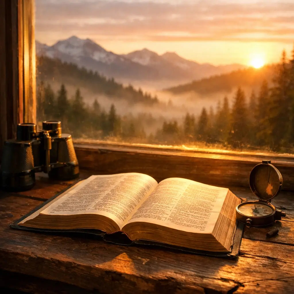 Open Bible with compass and binoculars on rustic table at dawn with wilderness view