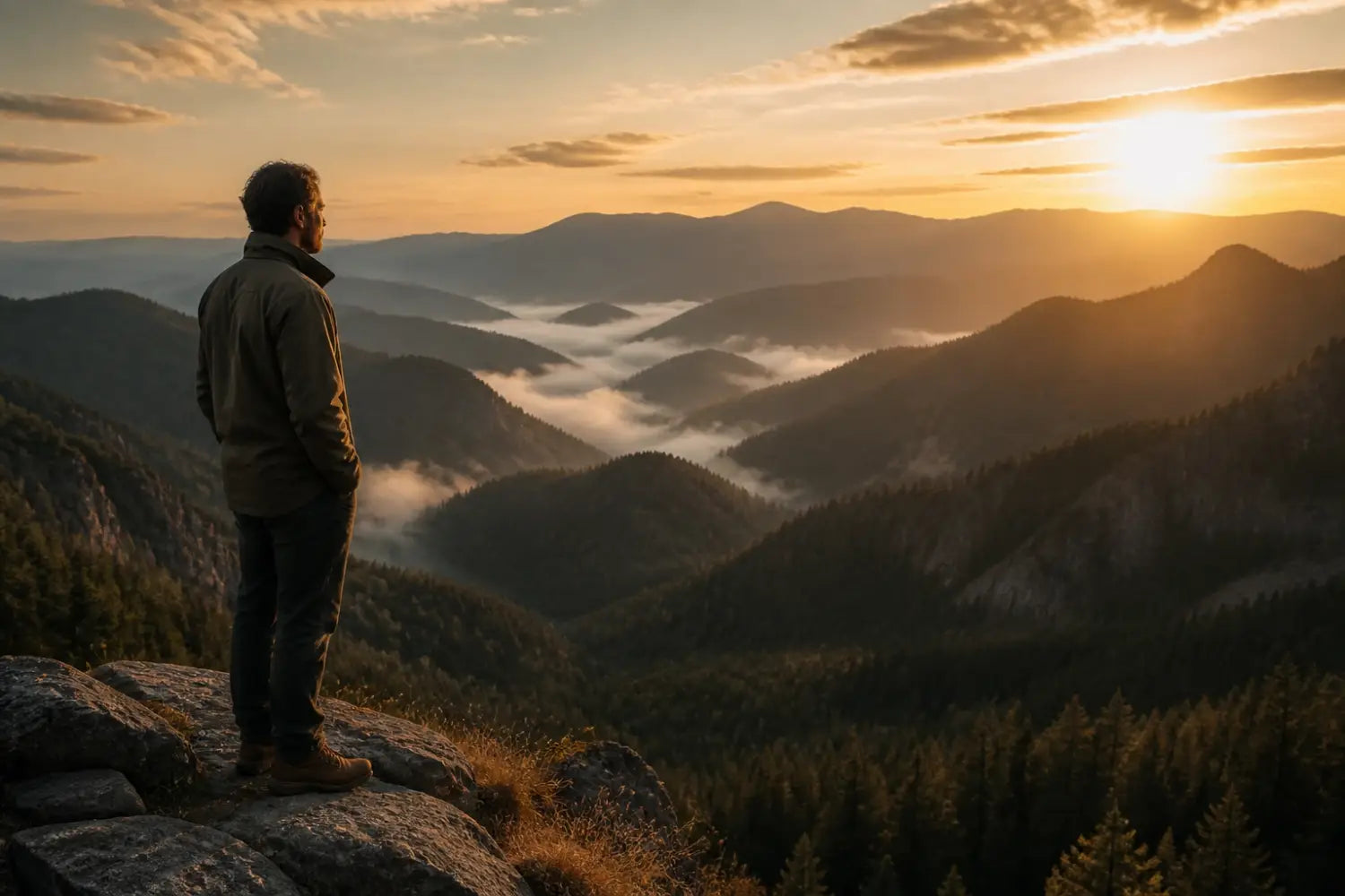 Christian outdoorsman acting as a watchman overlooking a misty mountain valley at dawn.