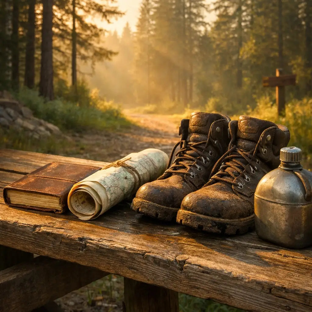 Hiking boots, map, and a leather-bound book on a trailhead bench representing faith-fueled preparation.