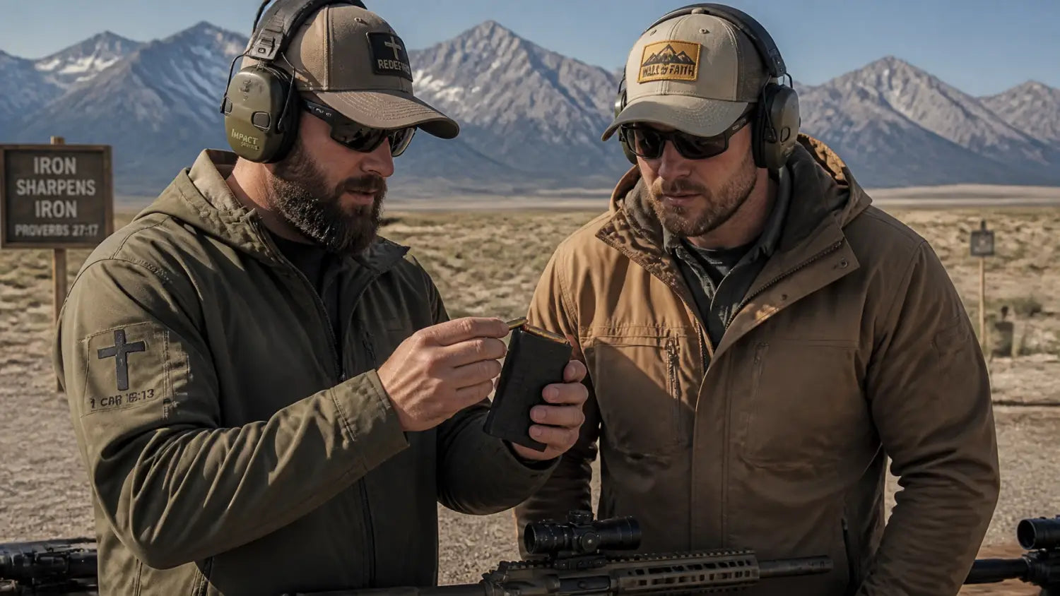 Two men at an outdoor range sharing a moment of instruction and community while loading Magpul magazines.