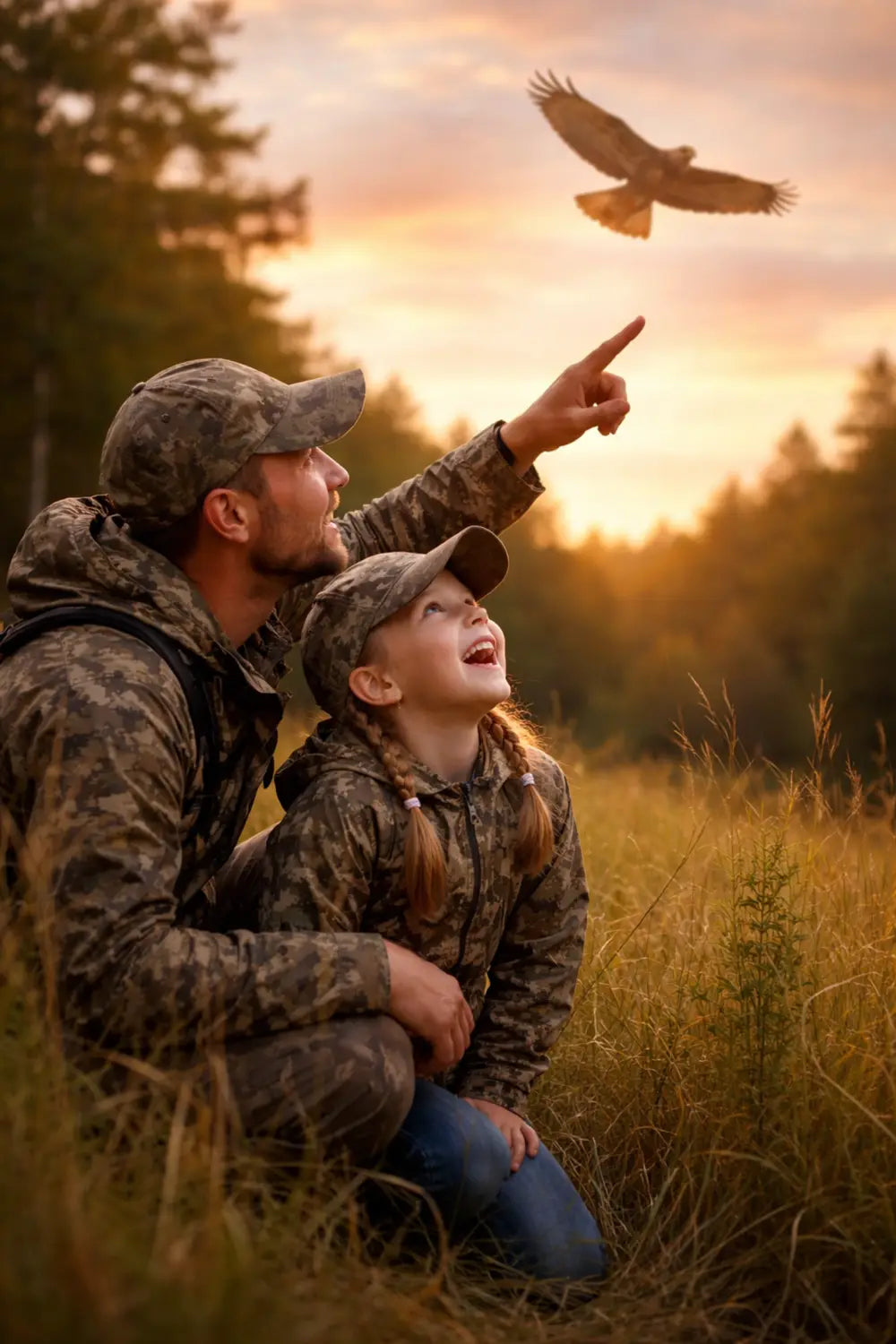 Father points out a hawk to daughter at the forest edge, sharing nature and Christian lessons during a hunt.