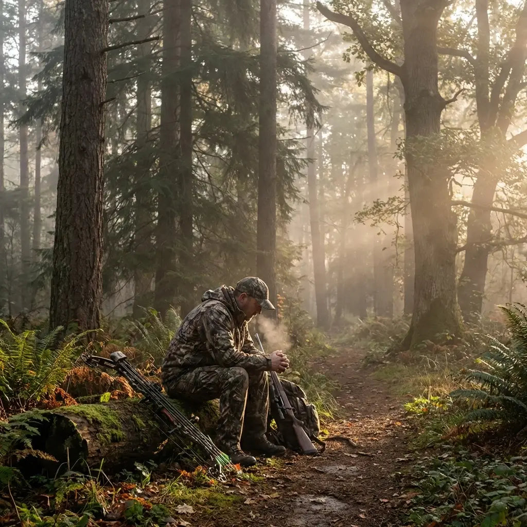 A hunter kneels in prayer on a misty morning forest trail, highlighting faith and perseverance in the wilderness.