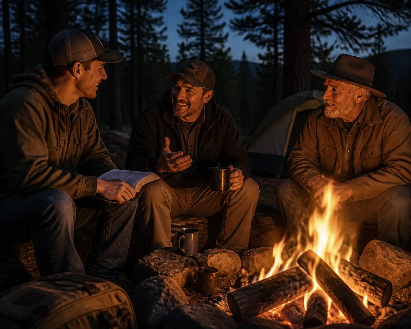 Men sharing a campfire, illustrating the brotherhood of Christian hunters and outdoorsmen.