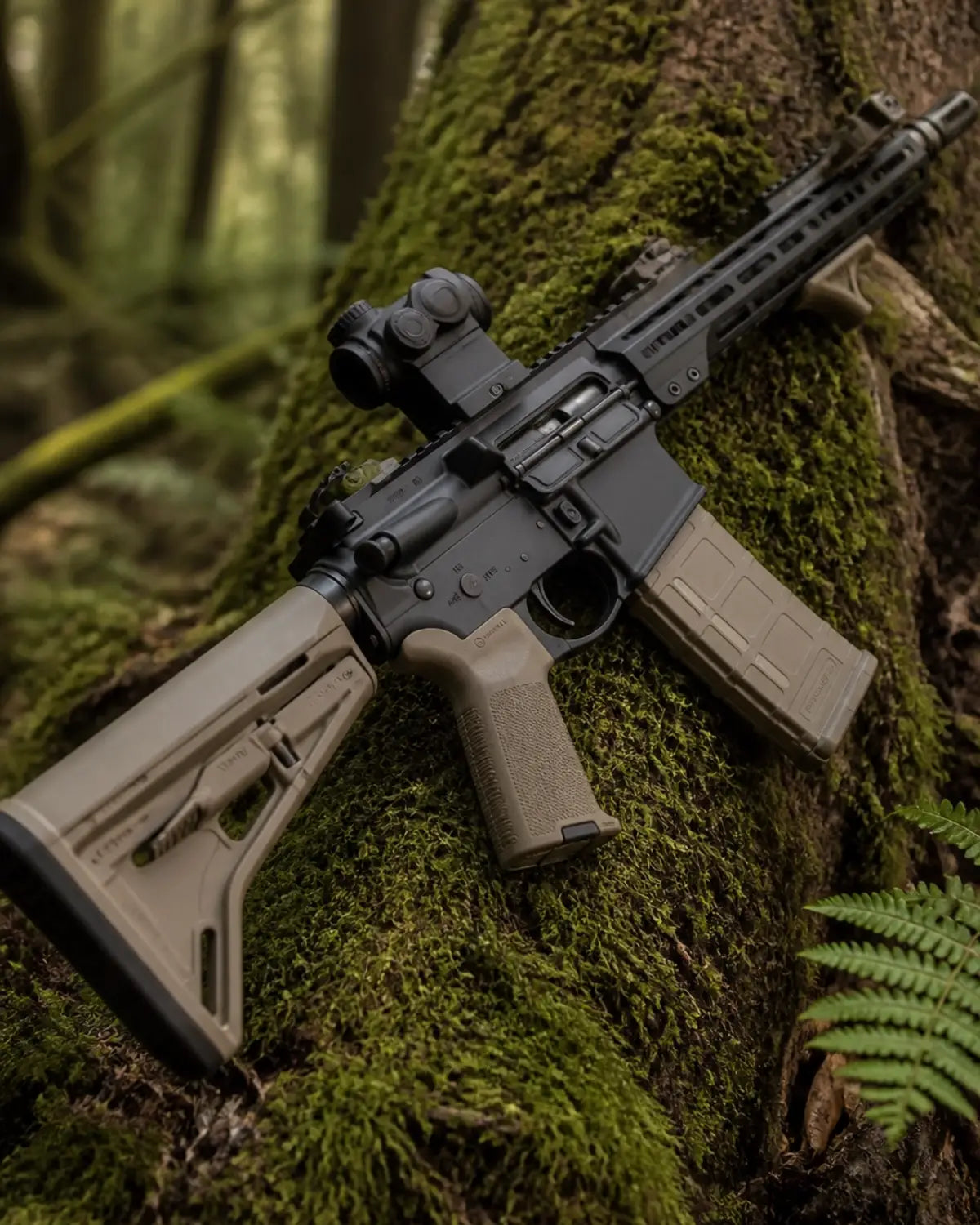 A modern rifle with Magpul accessories resting against a mossy tree trunk in a deep forest.