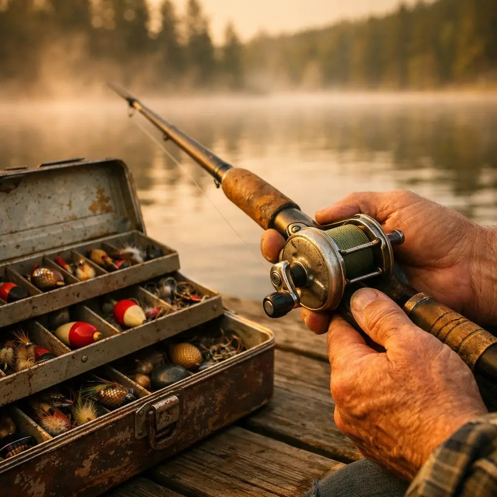 Traditional fishing tackle box and vintage rod on wooden dock at dawn