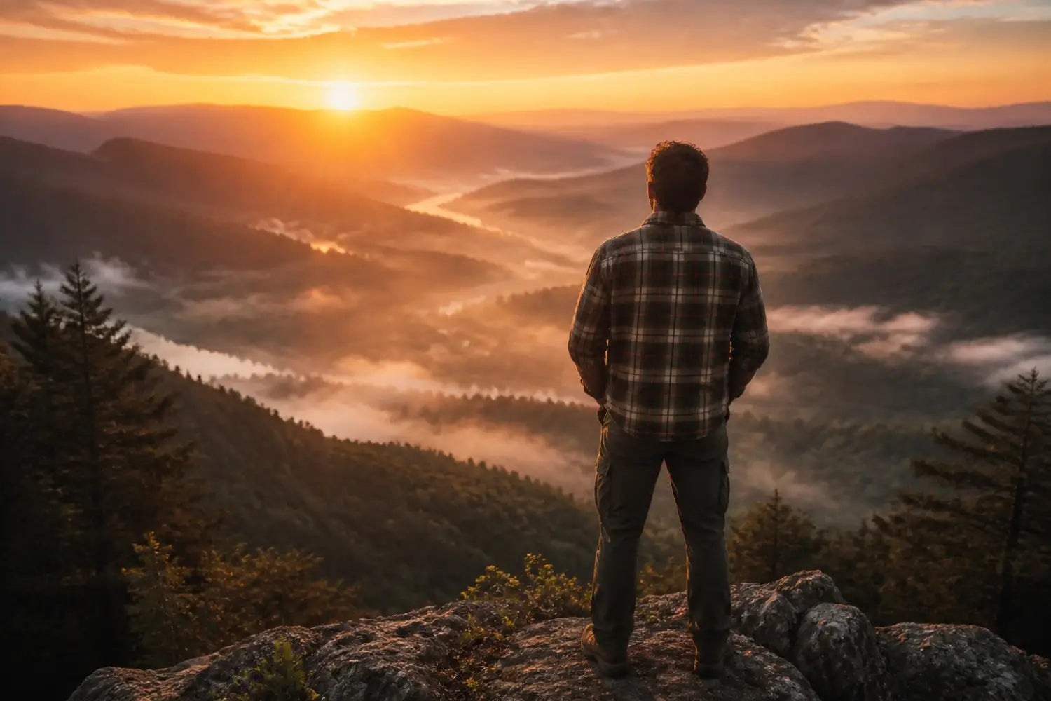 Person at a mountain overlook at sunrise experiencing spiritual peace in nature.
